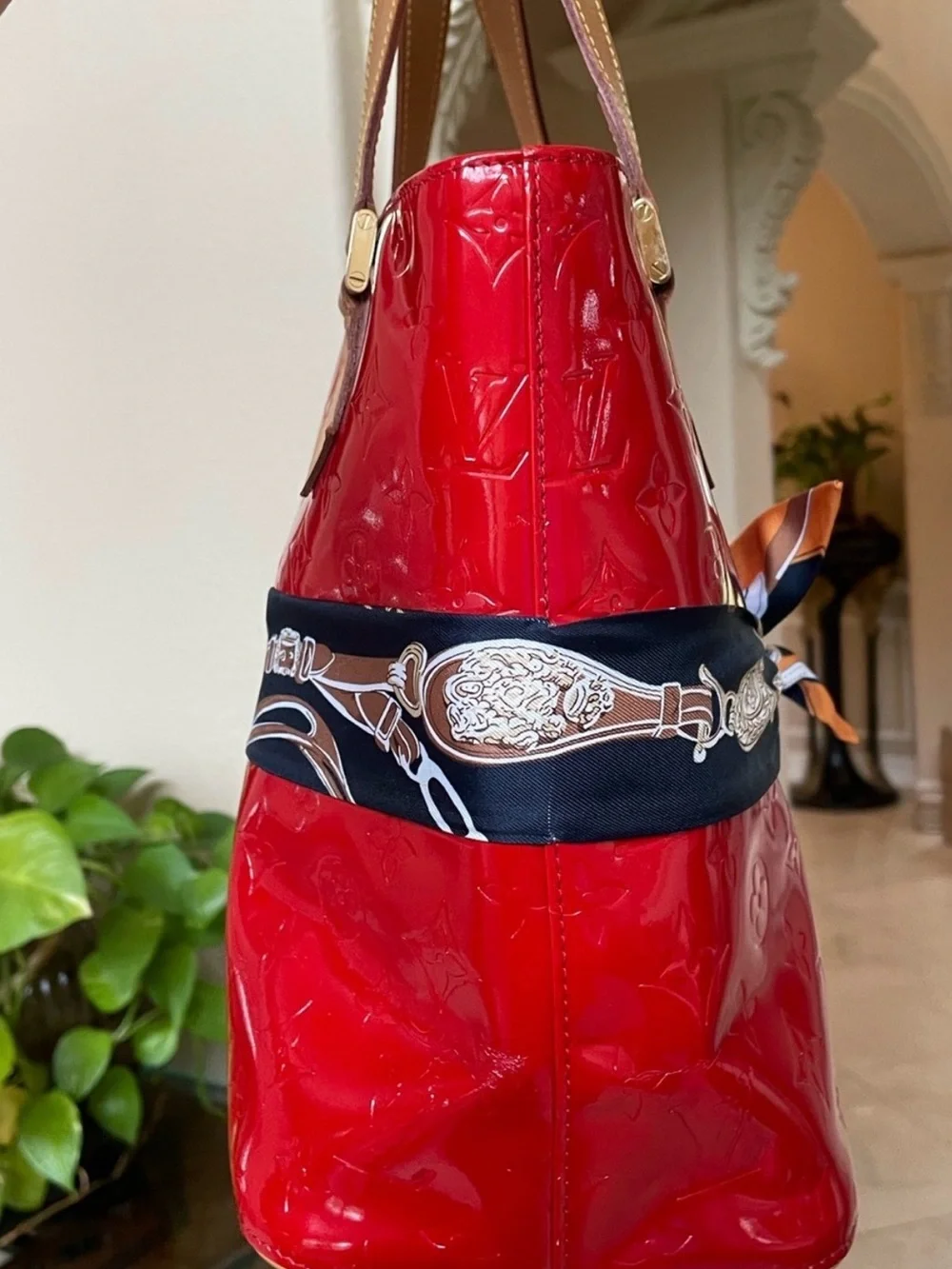 Louis Vuitton Red Patent Tote with Tan Handles